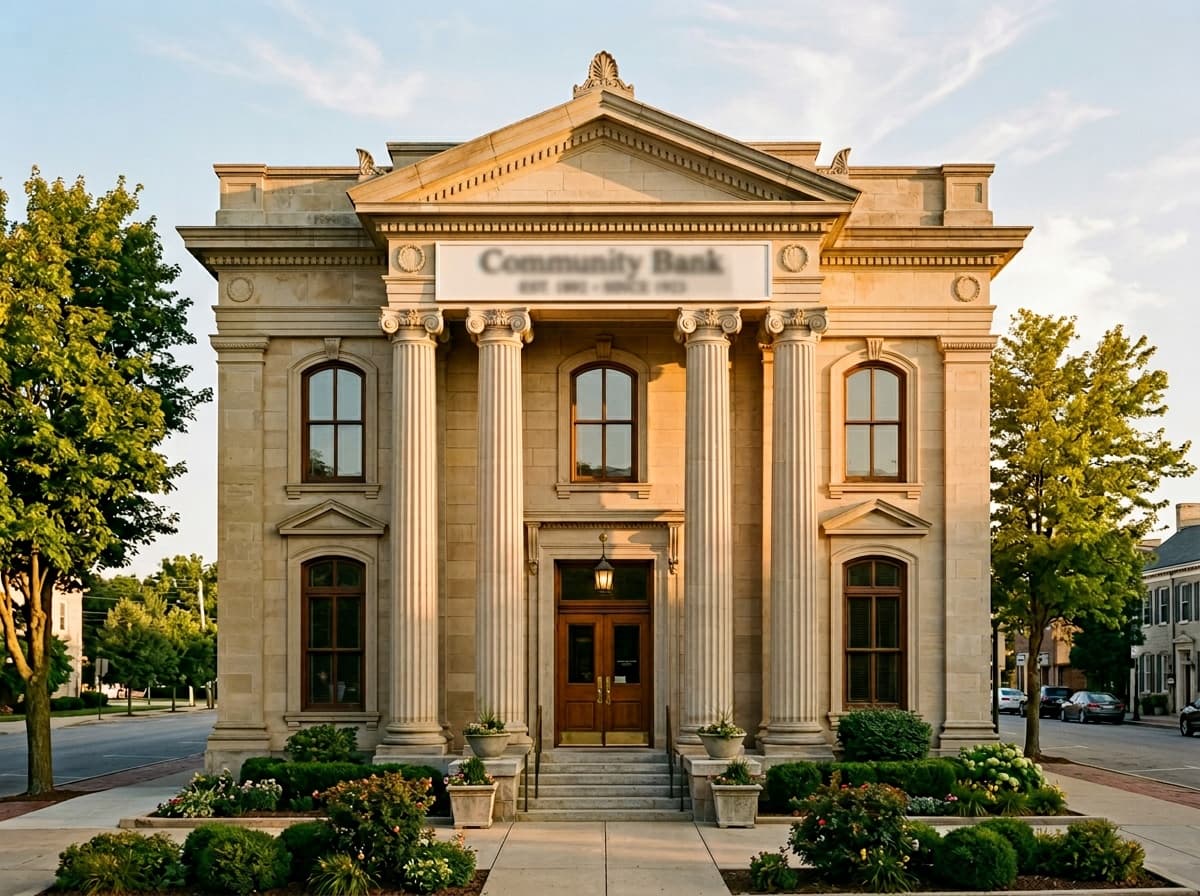 Community bank exterior at late afternoon