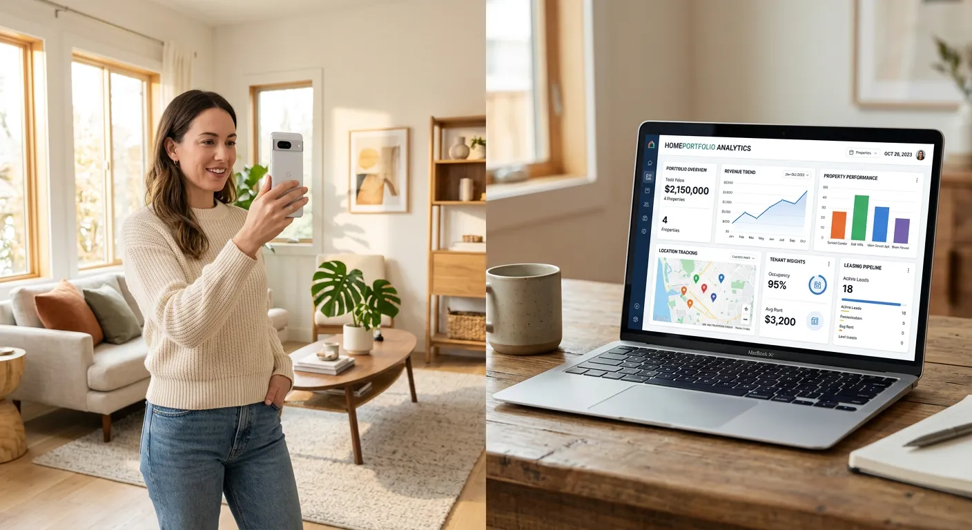 Appraiser recording on phone in home, and analytics dashboard on laptop