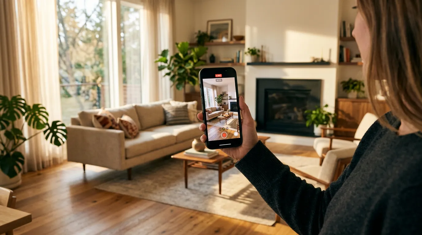 Appraiser recording video walkthrough of living room